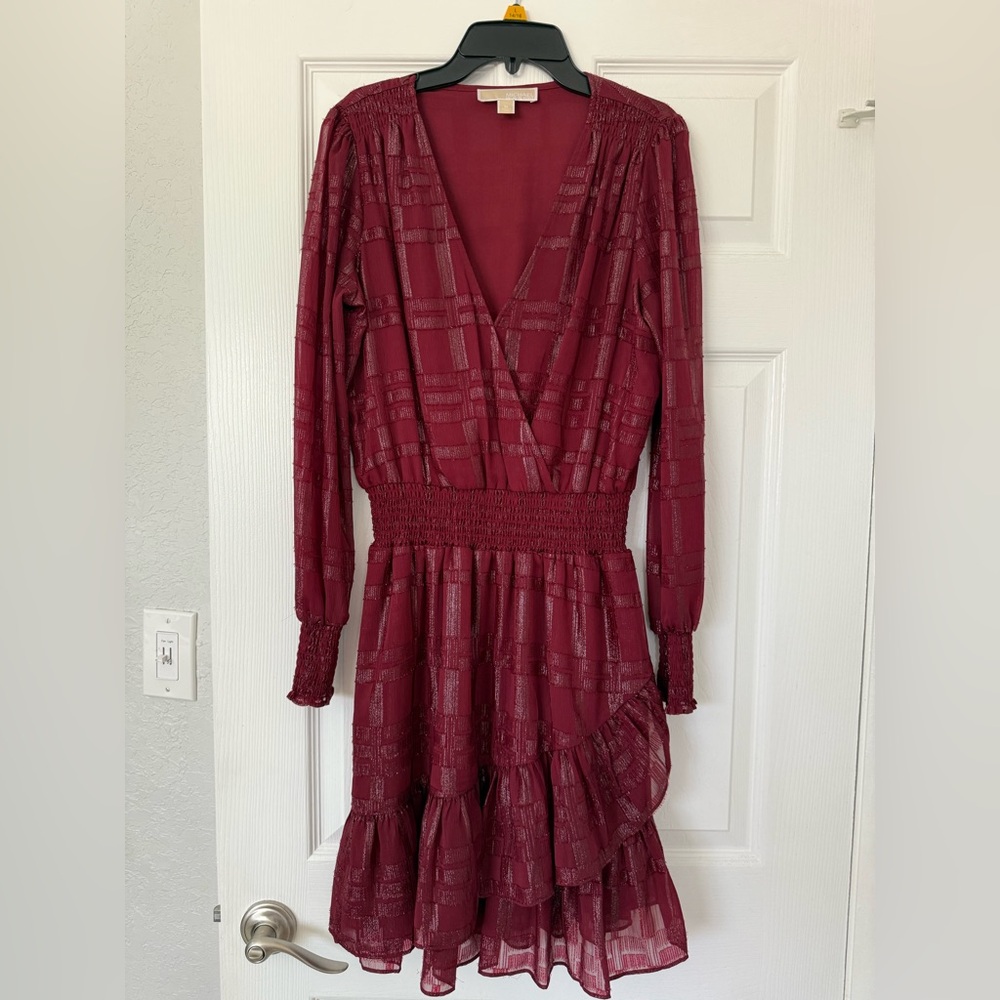 Michael Kors Burgundy Fit and Flare Dress with Bishop Sleeves